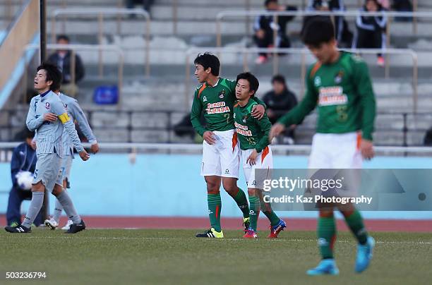 Issei Takahashi of Aomori Yamada celebrates scoring his team's third goal with his team mate Kai Yoshida during the 94th All Japan High School Soccer...