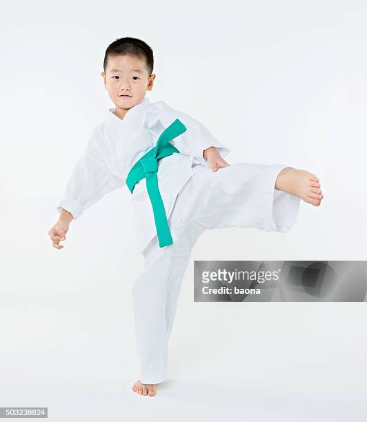 karate-jungen - grüner gürtel sport stock-fotos und bilder