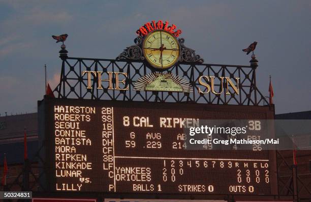 Home field clock of Camden Yards, home of the Baltimore Orioles and Cal Ripken Jr., who has said that he will retire this year from professional...