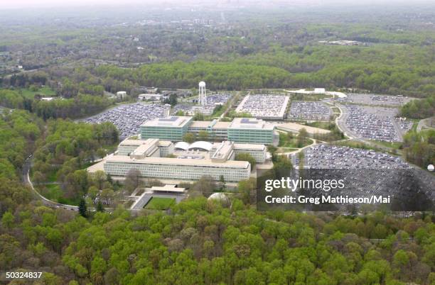 An aerial view of the grounds and headquarters of the Central Intelligence Agency, now known as the George Bush Center for Intelligence.
