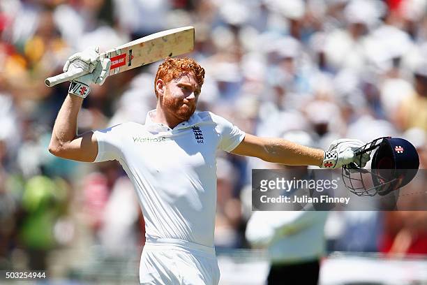 Jonny Bairstow of England celebrates his century during day two of the 2nd Test at Newlands Stadium on January 3, 2016 in Cape Town, South Africa.