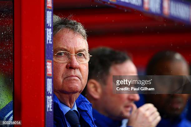 Guus Hiddink, manager of Chelsea looks on before the Barclays Premier League match between Crystal Palace and Chelsea at Selhurst Park on January 3,...