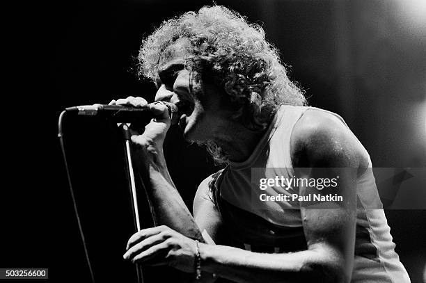 American-based rock band Foreigner performs onstage at the Rosemont Horizon, Rosemont, Illinois, November 8, 1981. Pictured is vocalist Lou Gramm.