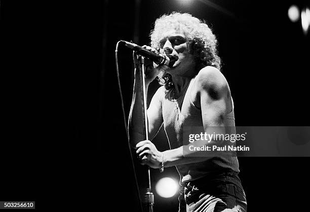 American-based rock band Foreigner performs onstage at the Rosemont Horizon, Rosemont, Illinois, November 8, 1981. Pictured is vocalist Lou Gramm.