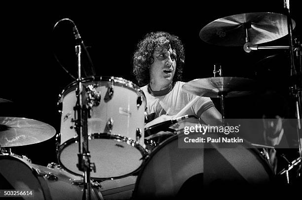 American-based rock band Foreigner performs onstage at the Rosemont Horizon, Rosemont, Illinois, November 8, 1981. Pictured is Dennis Elliot on drums.