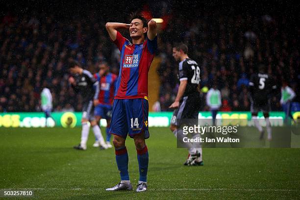 Chung-Yong Lee of Crystal Palace reacts during the Barclays Premier League match between Crystal Palace and Chelsea at Selhurst Park on January 3,...