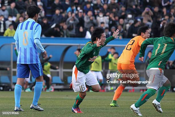 Kai Yoshida of Aomori Yamada celebrates scoring his team's second goal during the 94th All Japan High School Soccer Tournament third round match...