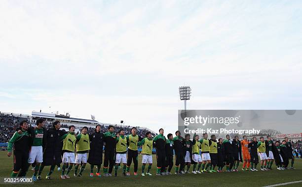 Aomori Yamada players celebrate their team's win through the penalty shootout after the 94th All Japan High School Soccer Tournament third round...