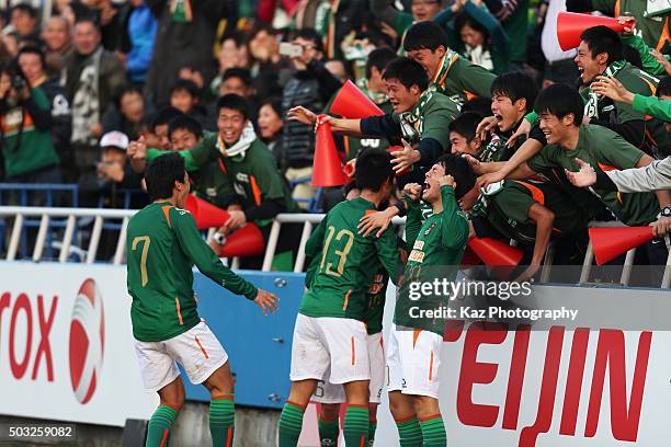Aomori Yamada players celebrate their second goal during the 94th All Japan High School Soccer Tournament third round match between Toko Gakuen and...