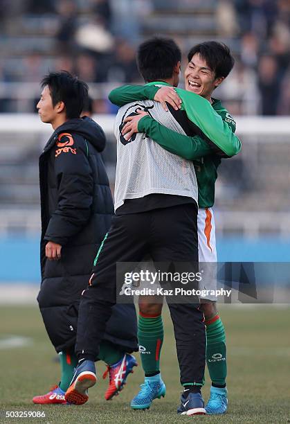 Kairi Harayama of Aomori Yamada celebrates his team's win through the penalty shootout after the 94th All Japan High School Soccer Tournament third...