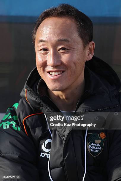 Aomori Yamada head coach Go Kuroda looks on prior to the 94th All Japan High School Soccer Tournament third round match between Toko Gakuen and...