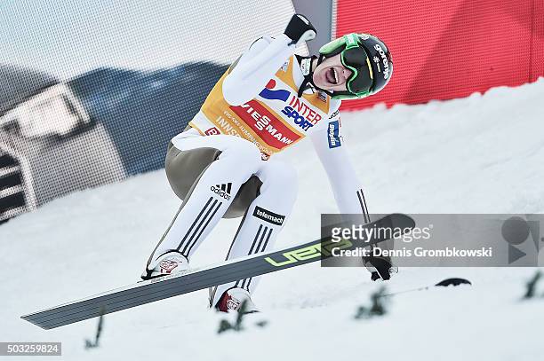 Peter Prevc of Slovenia celebrates as he wins the Innsbruck 64th Four Hills Tournament ski jumping event on January 3, 2016 in Innsbruck, Austria.