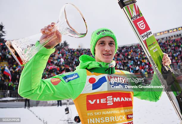 Peter Prevc of Slovenia celebrates as he wins the Innsbruck 64th Four Hills Tournament ski jumping event on January 3, 2016 in Innsbruck, Austria.