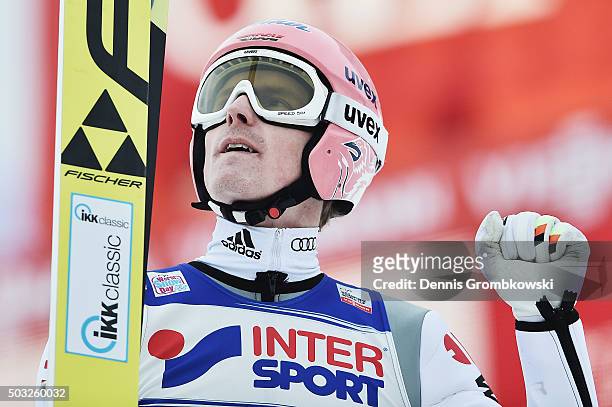 Severin Freund of Germany reacts after finishing second in the Innsbruck 64th Four Hills Tournament ski jumping event on January 3, 2016 in...