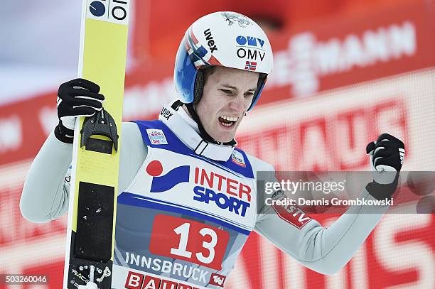 Kenneth Gangnes of Norway celebrates after finishing third in the Innsbruck 64th Four Hills Tournament ski jumping event on January 3, 2016 in...