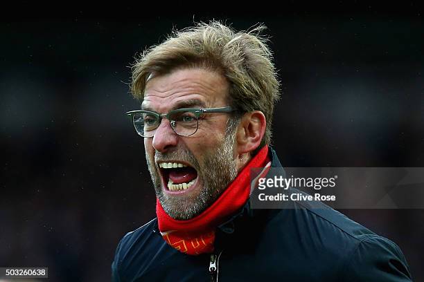 Jurgen Klopp, manager of Liverpool reacts during the Barclays Premier League match between West Ham United and Liverpool at Boleyn Ground on January...