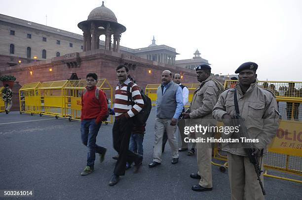 Delhi Police and CRPF security personnel alert at Raisina Hill after authorities received a bomb threat after the fresh firing and bomb explosion...