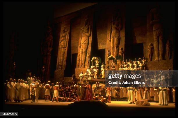 Soprano Sharon Sweet singing the title role in scene fr. Verdi's Aida on stage at the Metropolitan Opera.