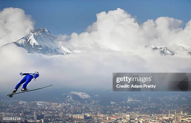 Junshiro Kobayashi of Japan soars through the air during first competition jump on day 2 of the Innsbruck 64th Four Hills Tournament on January 3,...