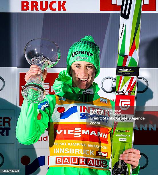 Peter Prevc of Slovenia takes 1st place during the FIS Nordic World Cup Four Hills Tournament on January 3, 2016 in Innsbruck, Austria.