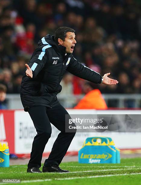 Aston Villa manager Remi Garde reacts during the match between Sunderland and Aston Villa at The Stadium of Light on January 02, 2016 in Sunderland,...