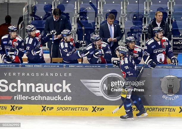 Eisbaeren Team celebrates after scoring the 1:0 during the DEL game between the Eisbaeren Berlin and the Schwenninger Wild Wings on January 3, 2016...