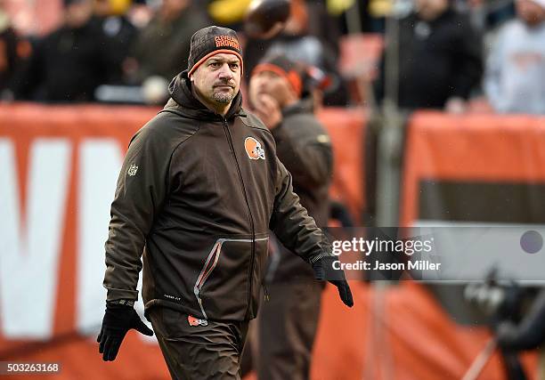 Head coach Mike Pettine of the Cleveland Browns looks on prior to the game against the Pittsburgh Steelers at FirstEnergy Stadium on January 3, 2016...