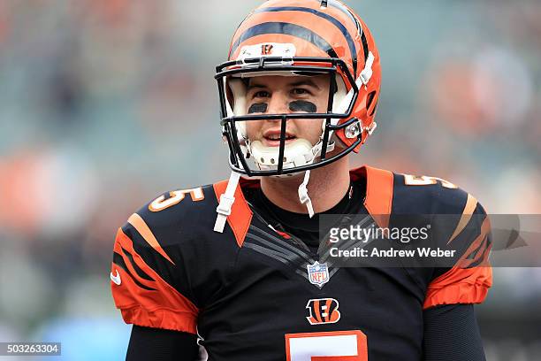 Quarterback AJ McCarron of the Cincinnati Bengals warms up prior to the game against the Baltimore Ravens at Paul Brown Stadium on January 3, 2016 in...
