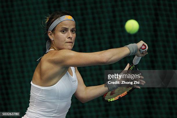 Nicole Gibbs of the U.S. Returns a shot during the match against Maria-Teresa Torro-Flor of Spain during Day 1 of 2016 WTA Shenzhen Open at Longgang...