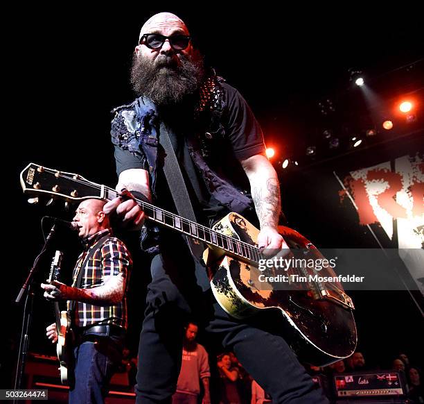 Lars Frederiksen and Tim Armstrong of Rancid perform in support of the band's "...Honor Is All We Know" release at The Warfield on January 2, 2016 in...