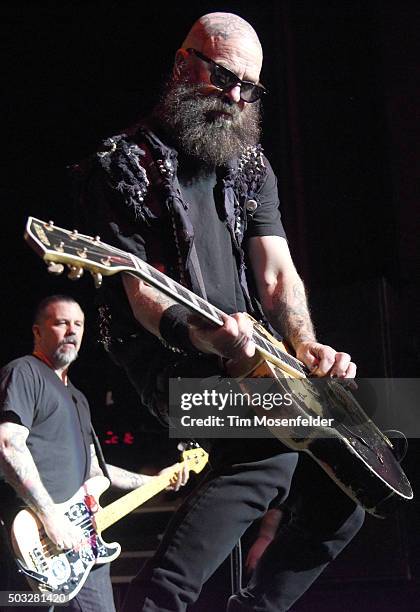 Matt Freeman and Tim Armstrong of Rancid perform in support of the band's "...Honor Is All We Know" release at The Warfield on January 2, 2016 in San...