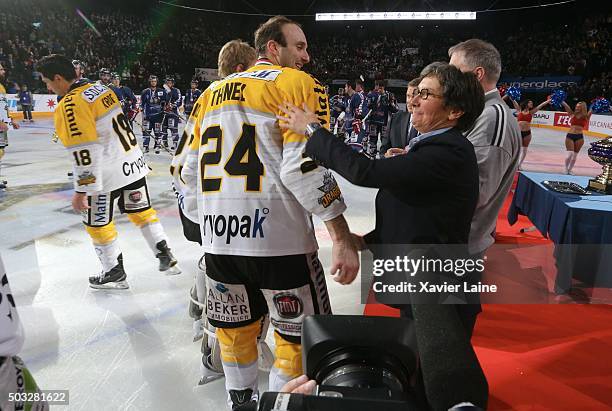Valerie Fourneyron react with Marc Andre Thinel of Rouen after the final of French Cup between Dragons de Rouen and Bruleurs de Loups de Grenoble at...