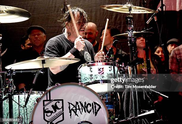 Branden Steineckert of Rancid performs in support of the band's "...Honor Is All We Know" release at The Warfield on January 2, 2016 in San...