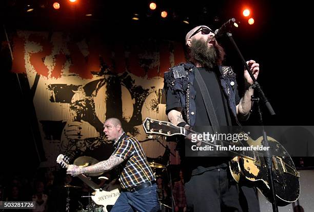 Lars Frederiksen and Tim Armstrong of Rancid perform in support of the band's "...Honor Is All We Know" release at The Warfield on January 2, 2016 in...