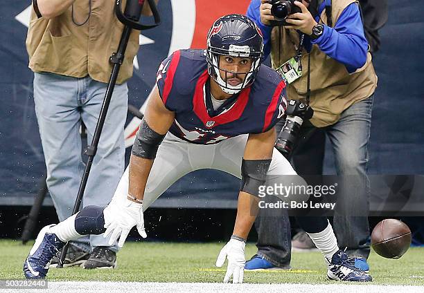 Jonathan Grimes of the Houston Texans reacts after scoring a touchdown against the Jacksonville Jaguars in the first quarter on January 3, 2016 at...