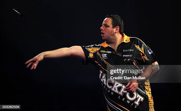 Adrian Lewis of England throws during the final match against Gary Anderson of Scotland during Day Fifteen of the 2016 William Hill PDC World Darts...