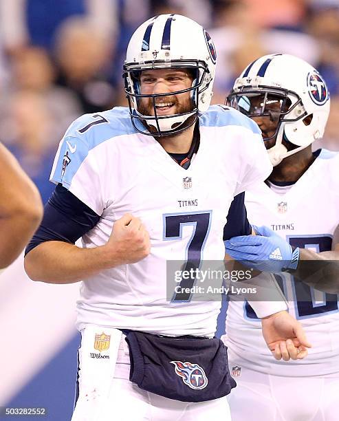 Zach Mettenberger of the Tennessee Titans celebrates after scoring a touchdown against the Indianapolis Colts at Lucas Oil Stadium on January 3, 2016...