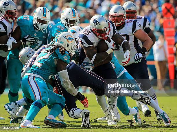 Steven Jackson of the New England Patriots in action during the first half of the game against the Miami Dolphins at Sun Life Stadium on January 3,...