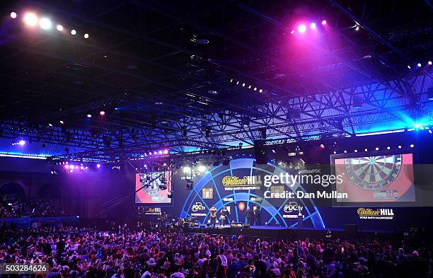 General view as Gary Anderson of Scotland takes on Adrian Lewis of England in the final match during Day Fifteen of the 2016 William Hill PDC World...