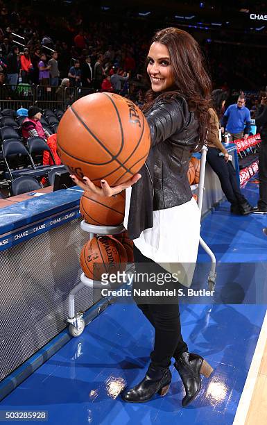 Bollywood actress Neha Dhupia before the New York Knicks face off against the Atlanta Hawks on January 3, 2016 at Madison Square Garden in New York,...