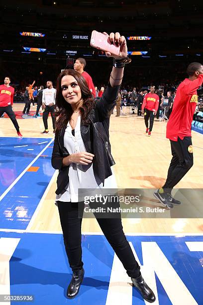 Bollywood actress Neha Dhupia before the New York Knicks face off against the Atlanta Hawks on January 3, 2016 at Madison Square Garden in New York,...