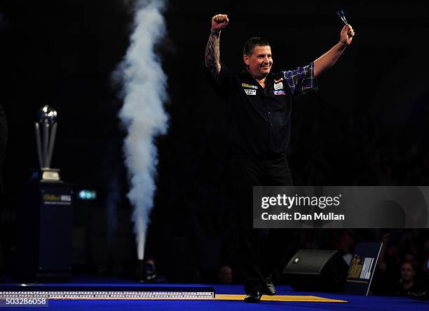 Gary Anderson of Scotland celebrates victory over Adrian Lewis of England in the final match during Day Fifteen of the 2016 William Hill PDC World...
