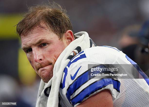 Jason Witten of the Dallas Cowboys sits on the bench late in the fourth quarter as the Washington Redskins beat the Dallas Cowboys 34-23 at AT&T...