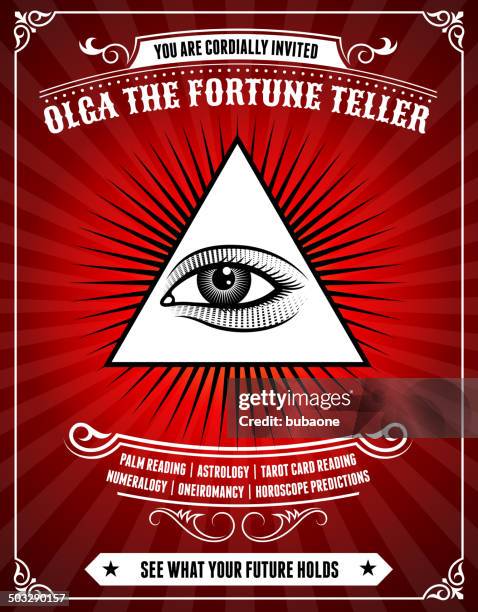 fortune teller poster on red background - tarot cards stock illustrations