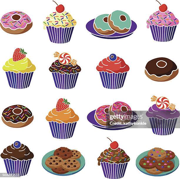 cupcakes, donuts and cookies - buffet plate stock illustrations