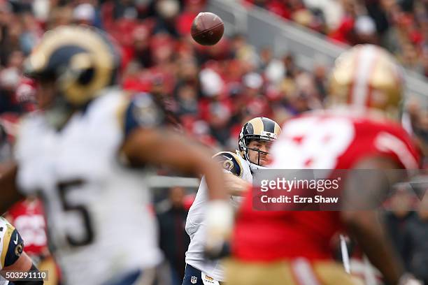 Case Keenum of the St. Louis Rams attempts a pass against the San Francisco 49ers during their NFL game at Levi's Stadium on January 3, 2016 in Santa...