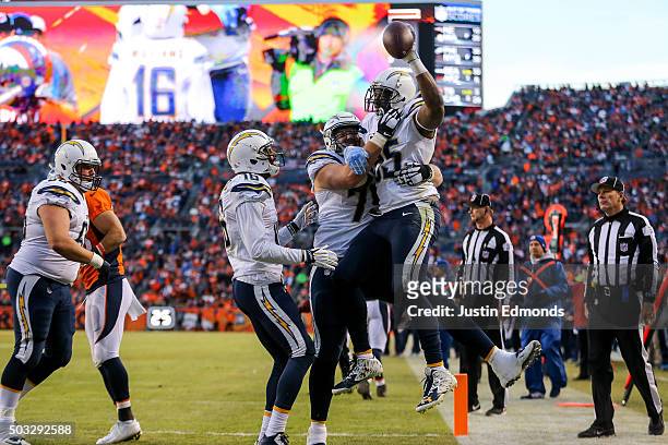 Tight end Antonio Gates of the San Diego Chargers celebrates after scoring a touchdown on a 13-yard reception in the third quarter of a game against...