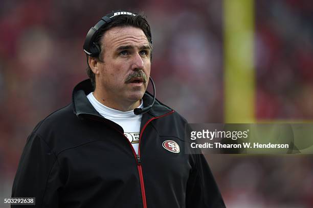 Head coach Jim Tomsula of the San Francisco 49ers stands on the sidelines during their NFL game against the St. Louis Rams at Levi's Stadium on...