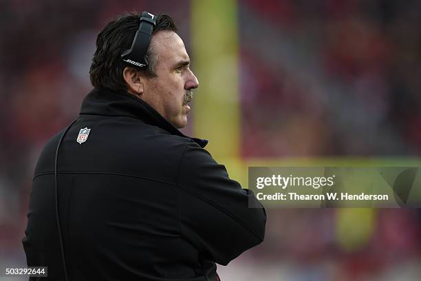 Head coach Jim Tomsula of the San Francisco 49ers stands on the sidelines during their NFL game against the St. Louis Rams at Levi's Stadium on...