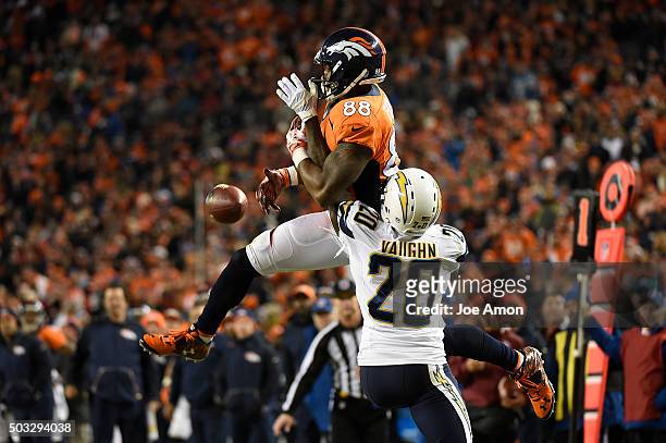 Demaryius Thomas of the Denver Broncos has a pass knocked away by Cassius Vaughn of the San Diego Chargers in the fourth quarter. The Denver Broncos...